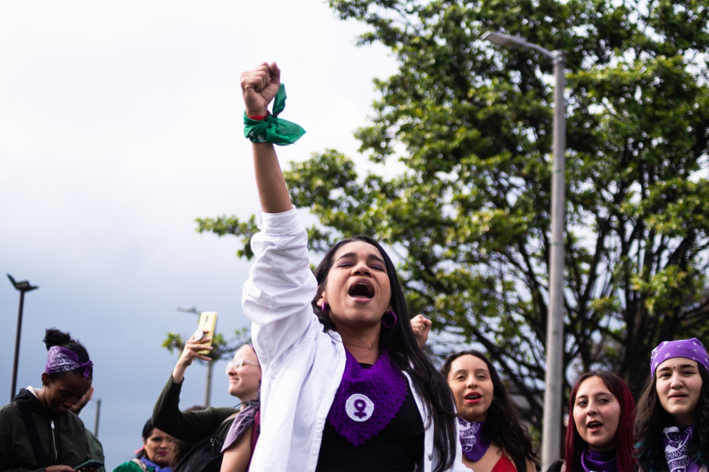 Women take part in the international women's day demonstrations in Bogota, Colombia