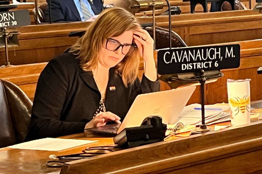 State Sen. Machaela Cavanaugh prepares to speak before the Nebraska Legislature last week.