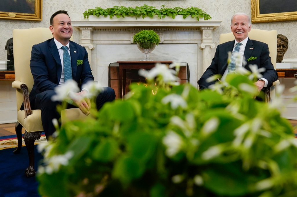 Irish Taoiseach Leo Varadkar meets US President Joe Biden on St. Patrick's Day in the Oval Office.