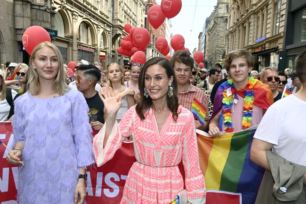 Finnish Prime Minister Sanna Marin takes part in the 2022 Helsinki Pride march in Helsinki, Finland, on July 2, 2022.