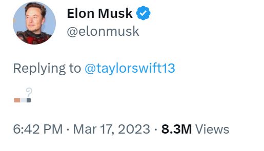 The eccentric CEO later responded to a four-image collage tweeted for Swift's official account with a simple cigarette emoji which some users implied that Musk thought the "Evermore" singer was "smoking." 