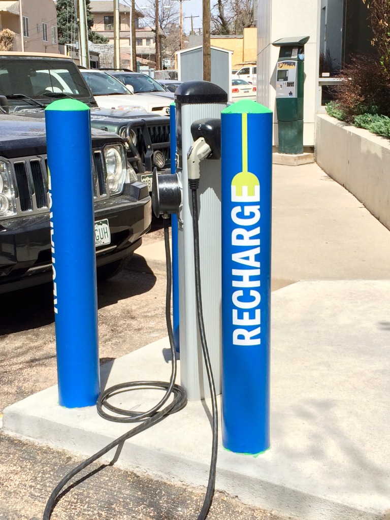 A recharge station for electric powered vehicles.