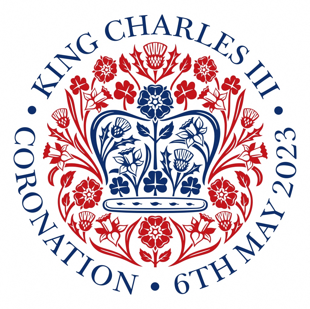 The official emblem in English language of the coronation of Britain's King Charles 