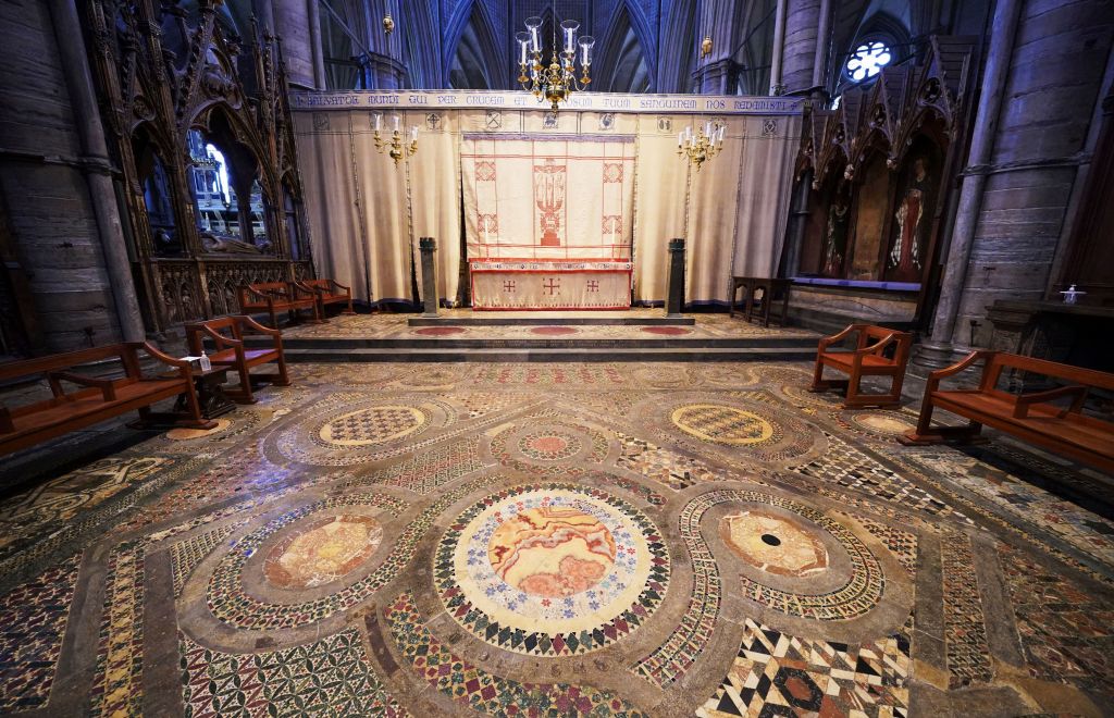 The Cosmati pavement, located before the altar, during a photo call at Westminster Abbey, central London, to announce special events to celebrate the Coronation of King Charles III, Thursday March 23, 2023.