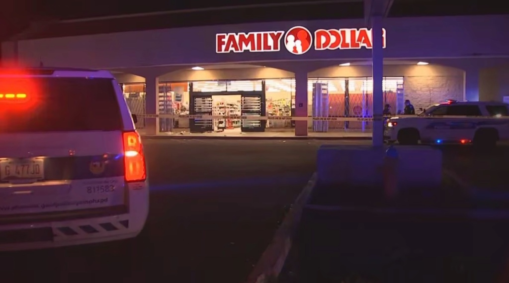 crime scene and police at the Phoenix Family Dollar store near 68th Avenue and Indian School Road