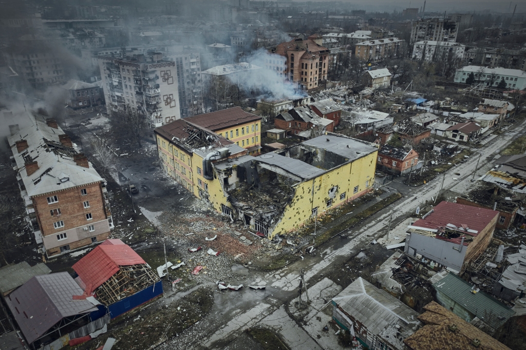 An aerial view of Bahkmut shows the extent of the damage in the eastern Ukrainian city caused by more than seven months of fighting between Ukrainian and Russian forces. 