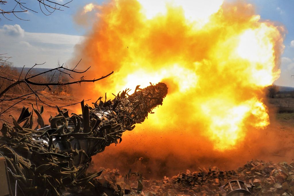 A Ukrainian T-72 tank fires at Russian positions near Bahkmut on Sunday. 