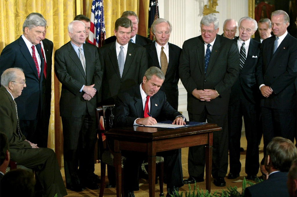 President George W. Bush signing the resolution authorizing the use of force against Iraq in the White House on October 16, 2022.