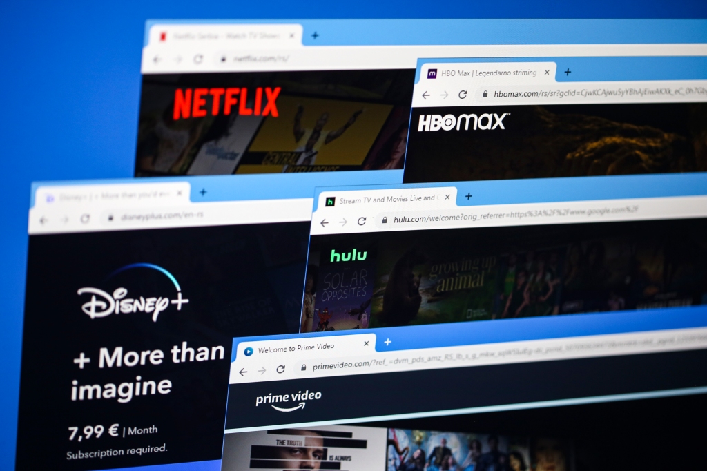 Websites of most popular online video streaming platforms in the world - Disney Plus, Netflix, Hulu, Amazon Prime, HBO Max.