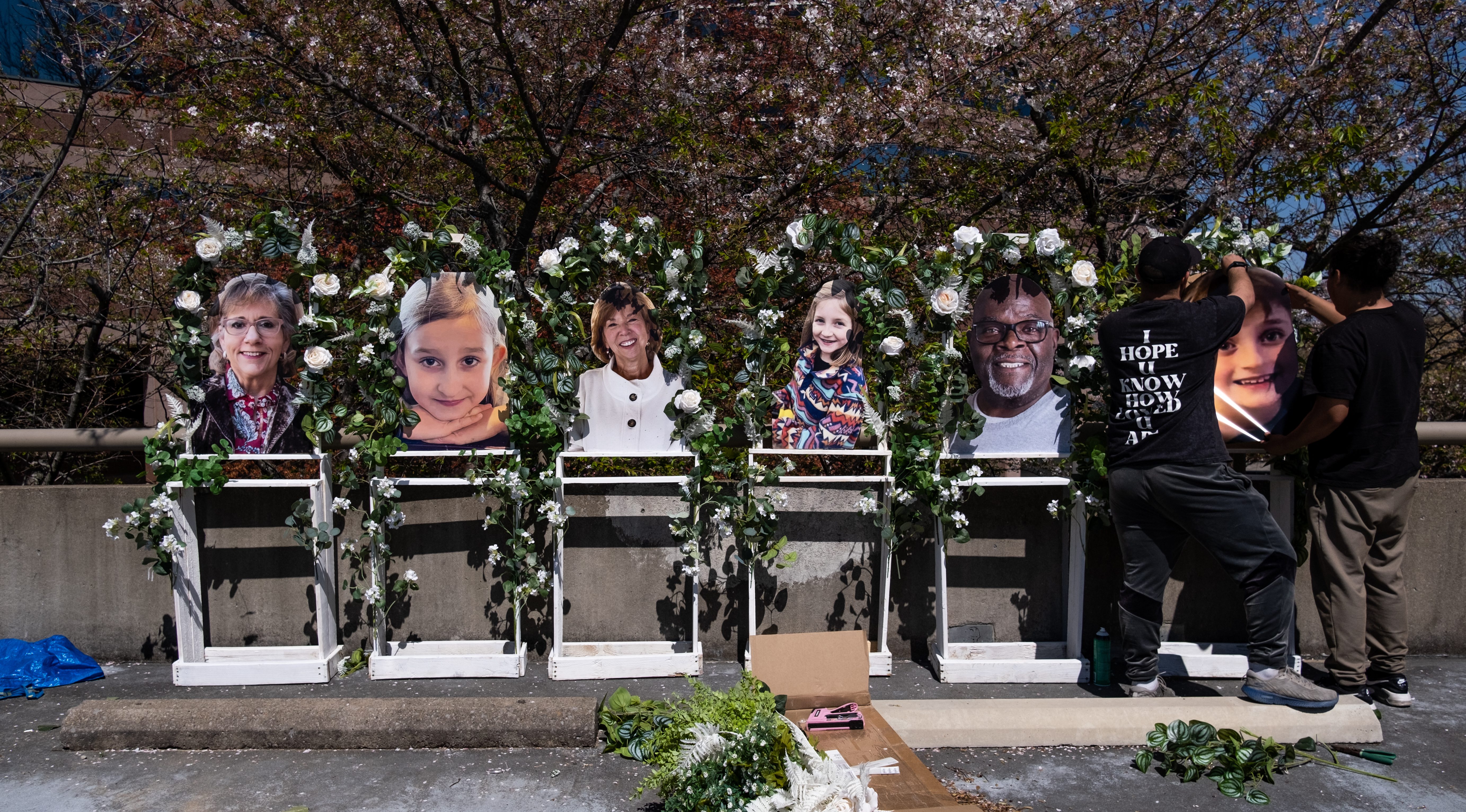 Memorials honoring the six victims of Monday's mass shooting at The Covenant School. 