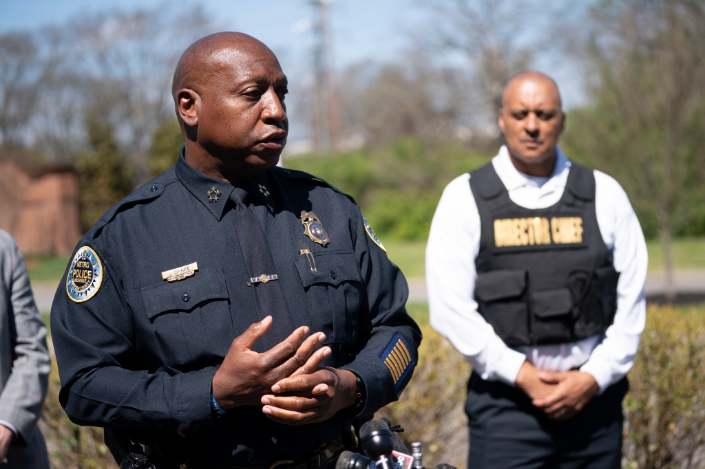 Metro Nashville Police Chief John Drake speaks to the media following the mass shooting at Covenant School on March 27, 2023 in Nashville, Tenn. 