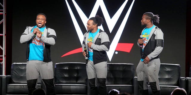 From left to right, Big E, Xavier Woods and Kofi Kingston speak onstage during the NBCUniversal portion of the 2018 Winter Television Critics Association Press Tour at The Langham Huntington, Pasadena on Jan. 9, 2018 in Pasadena, California.