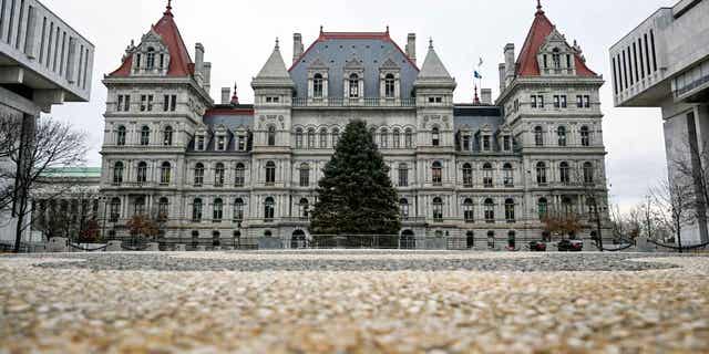 The New York Capitol is seen prior to Gov. Kathy Hochul delivering her State of the State address in the assembly chamber Jan. 10, 2023, in Albany, N.Y.