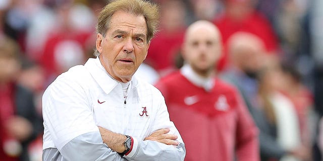 Head coach Nick Saban of the Alabama Crimson Tide looks on during pregame warmups prior to facing the Auburn Tigers at Bryant-Denny Stadium on November 26, 2022, in Tuscaloosa, Alabama. 