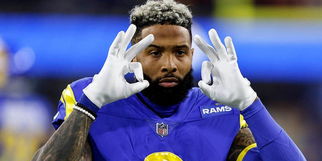 Odell Beckham Jr., #3 of the Los Angeles Rams, reacts during the NFC Championship NFL football game against the San Francisco 49ers at SoFi Stadium on Jan. 30, 2022 in Inglewood, California.