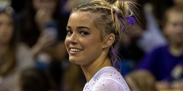 LSU Tigers Olivia Dunne looks on during the Podium Challenge at Civic Center in Baton Rouge, Louisiana, March 3, 2023.