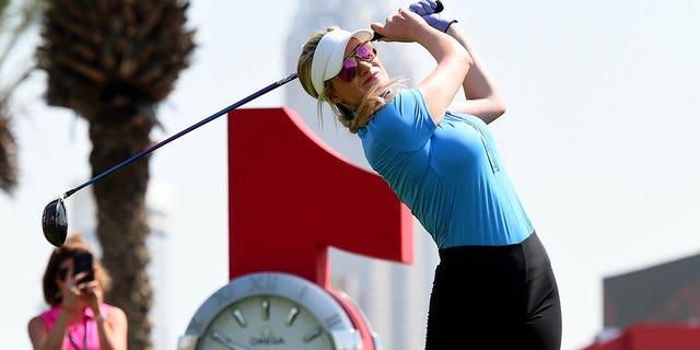 Paige Spiranac tees off from the 1st hole during Day Three of the Omega Dubai Moonlight Classic at Emirates Golf Club on May 3, 2019 in Dubai, United Arab Emirates.