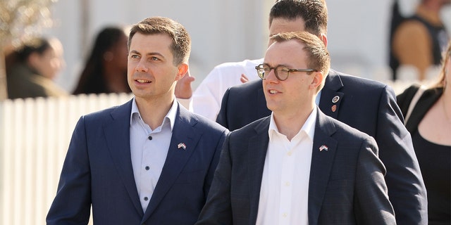 Secretary of Transportation Pete Buttigieg and Chasten Buttigieg attend a reception ahead of the start of the Invictus Games on April 15, 2022, in The Hague, Netherlands. The couple took a military aircraft to the event.