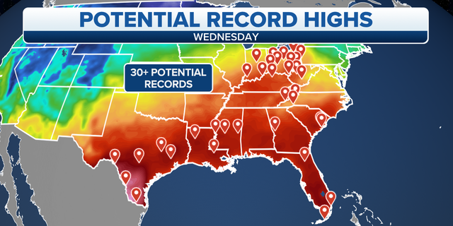 Potential record high temperatures on Wednesday in the South