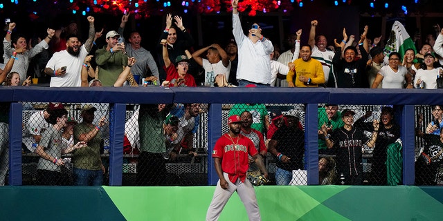 Randy Arozarena #56 of Team Mexico reacts to robbing a solo home run from Kazuma Okamoto #25 of Team Japan in the fifth inning during the 2023 World Baseball Classic Semifinal game at loanDepot Park on Monday, March 20, 2023, in Miami, Florida.