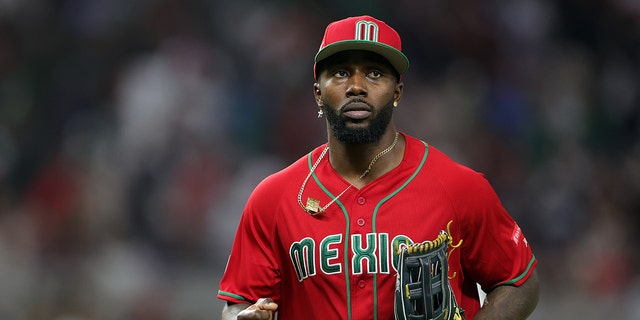 Randy Arozarena #56 of Team Mexico walks back to the dugout in the sixth inning against Team Japan during the World Baseball Classic Semifinals at loanDepot park on March 20, 2023, in Miami, Florida.