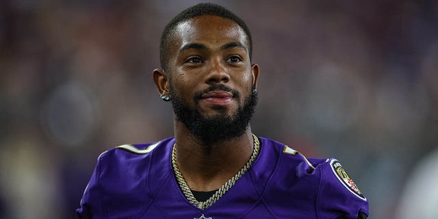 Rashod Bateman, #7 of the Baltimore Ravens, looks on against the Washington Commanders during the second half of a preseason game at M&amp;T Bank Stadium on Aug. 27, 2022 in Baltimore.