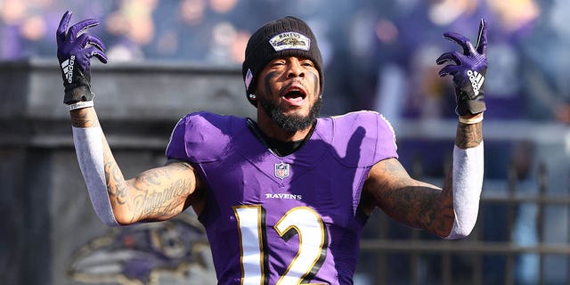 Rashod Bateman, #12 of the Baltimore Ravens, reacts during the game against the Minnesota Vikings at M&amp;T Bank Stadium on Nov. 7, 2021 in Baltimore.