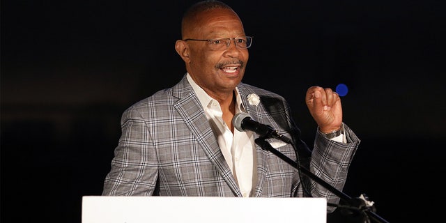 Assembly member Reggie Jones-Sawyer of California's 59th Assembly District speaking during the Los Angeles County Democratic Party election night drive-in watch party at the LA Zoo parking lot on Tuesday, Nov. 3, 2020. 