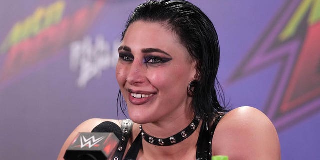 Rhea Ripley speaks to members of the media during a press conference after the WWE Royal Rumble at the Alamodome in San Antonio Jan. 28, 2023.