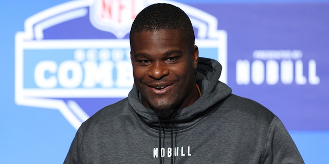 Offensive lineman Richard Gouraige of Florida speaks to the media during the NFL Combine at Lucas Oil Stadium on March 4, 2023 in Indianapolis, Indiana.