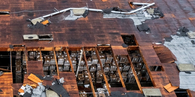 Damage to a building is seen on Wednesday, March 22, 2023, in Montebello, California, after a possible tornado. 
