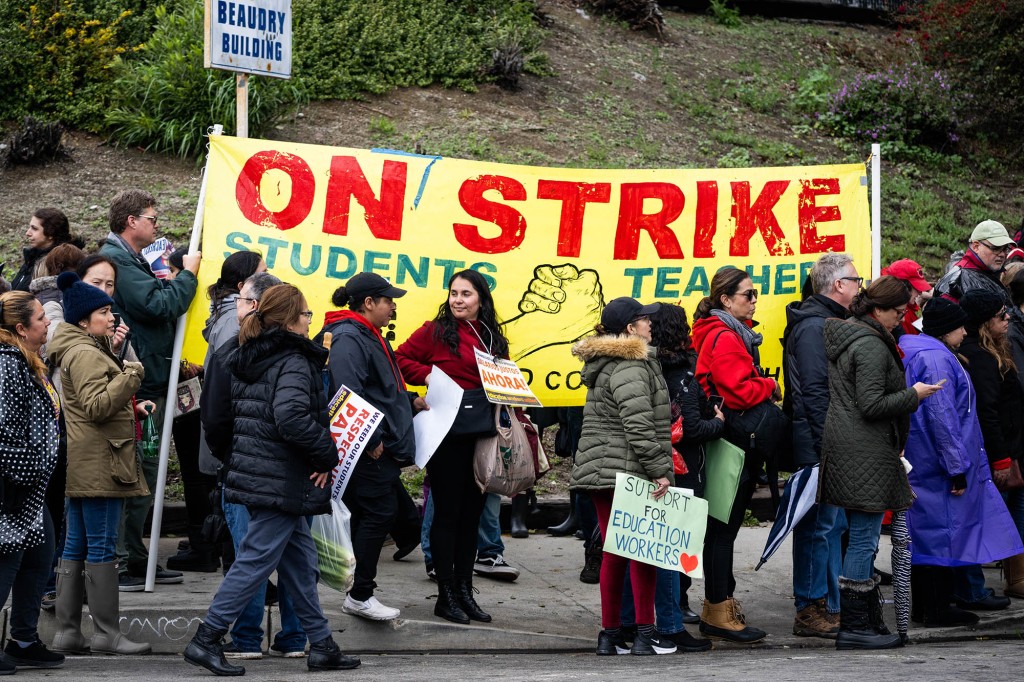 Bus drivers, cafeteria workers and special education assistants employed by Los Angeles Unified School District were fighting for better pay. Protesters rallying outside rally outside LAUSD headquarters on March 21, 2023.