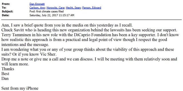 Dan Emmett mentions to Ann Carlson that the Leonardo DiCaprio Foundation has been a "key supporter" of Sher Edling's litigation.