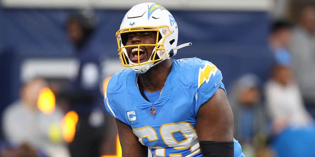 Sebastian Joseph-Day of the Los Angeles Chargers after a sack against the Los Angeles Rams at SoFi Stadium on Jan. 1, 2023, in Inglewood, California.