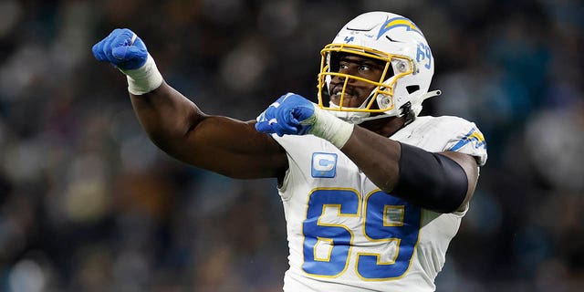 Los Angeles Chargers defensive tackle Sebastian Joseph-Day reacts after a play against the Jaguars on Jan. 14, 2023, at TIAA Bank Field in Jacksonville, Florida.