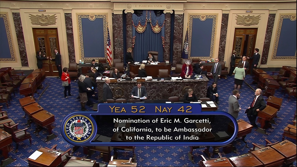 The Senate vote total on Wednesday, March 15, 2023, on the nomination of Eric Garcetti to become the U.S. Ambassador to India. 