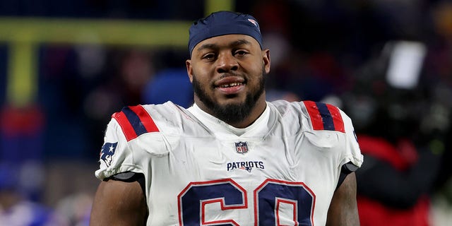 Shaq Mason of the New England Patriots after a game against the Buffalo Bills at Highmark Stadium on Dec. 6, 2021, in Orchard Park, New York.