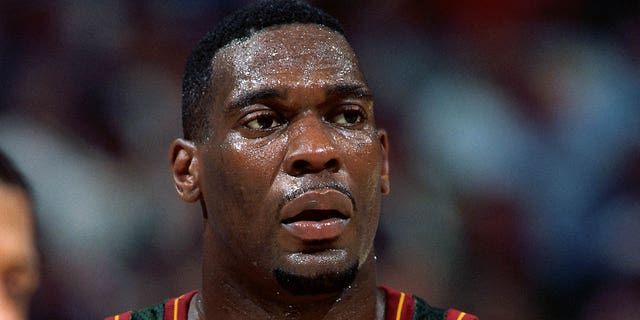 Shawn Kemp, #40 of the Seattle Supersonics, looks on during a game played at the Arco Arena in Sacramento, California.