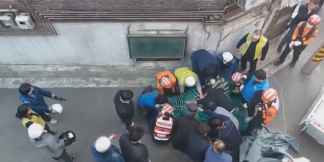 Officials are seen holding the zebra down after recapturing it on Thursday in Seoul.