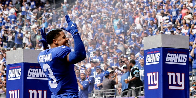 Sterling Shepard, #3 of the New York Giants, is introduced before a game against the Carolina Panthers at MetLife Stadium on Sept. 18, 2022 in East Rutherford, New Jersey.