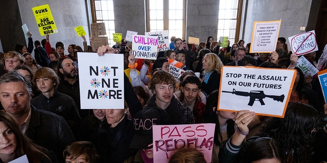 Protestors hold up signs in the Tennessee state Capitol.