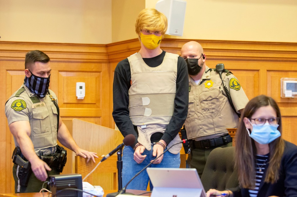 Jeremy Everett Goodale is escorted into a bond review hearing at the Jefferson County Courthouse in Fairfield, Iowa on Nov. 23, 2021. 