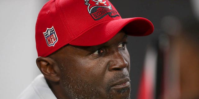 Tampa Bay Buccaneers head coach Todd Bowles walks onto the field before the NFC Wild Card Playoff game between the Dallas Cowboys and the Tampa Bay Buccaneers on Jan. 16, 2023 at Raymond James Stadium in Tampa, Florida.