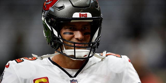 Tom Brady of the Tampa Bay Buccaneers warms up before the Saints game at Caesars Superdome on Sept. 18, 2022, in New Orleans.