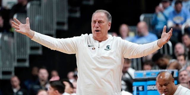 Michigan State head coach Tom Izzo reacts to a call against Marquette in the second half of a second-round men's college basketball game in the NCAA Tournament Sunday, March 19, 2023, in Columbus, Ohio.