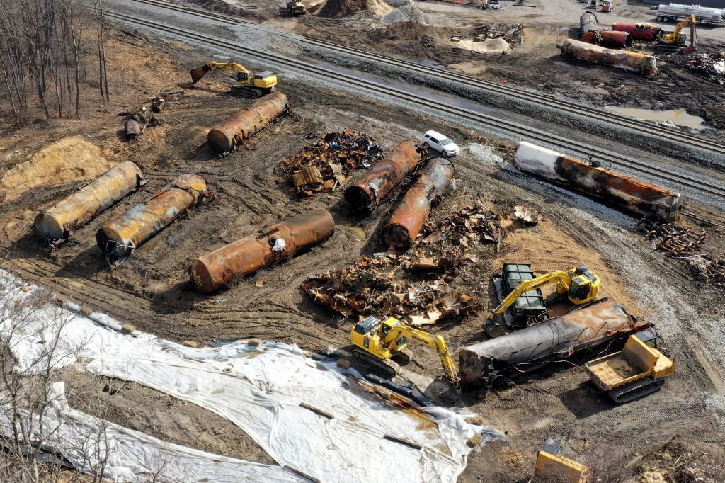 Crews work on the wreckage from the derailment on Feb. 24, 2023, in East Palestine, Ohio.