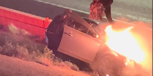 A vehicle on fire following a car crash in Austin, Texas, on March 5, 2023.