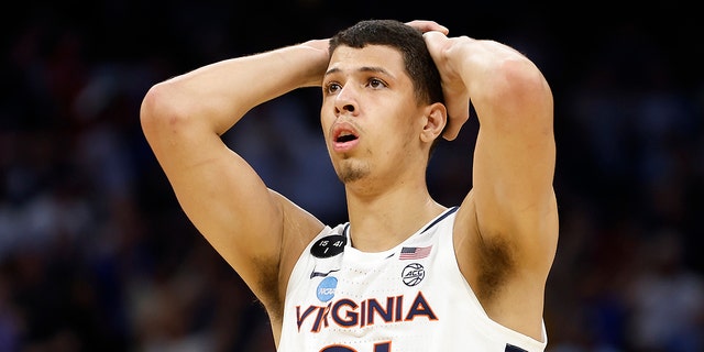 Kadin Shedrick of the Virginia Cavaliers looks dejected against the Furman Paladins during the second half in the first round of the NCAA men's basketball tournament at Amway Center March 16, 2023, in Orlando, Fla.