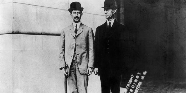 Portrait of the Wright Brothers, first to develop powered heavier-than-air flight. Wilbur stands on the left. 