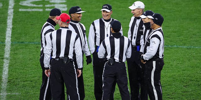 A general view as referees huddle on the field before the XFL game between the DC Defenders and the Vegas Vipers at Audi Field on March 12, 2023 in Washington, D.C.